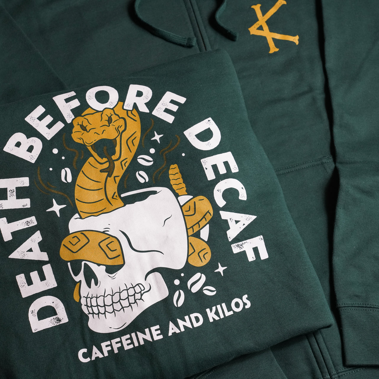 Death Before Decaf Zip Up Hoodie Forest Green - Outlet