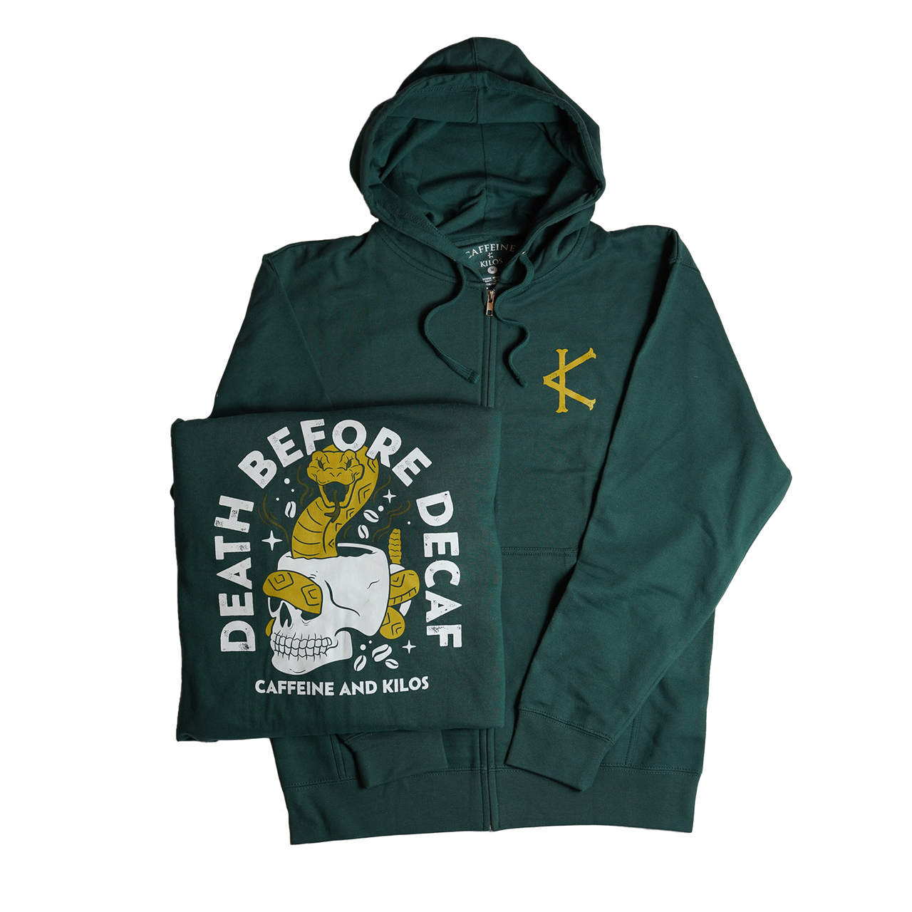 Death Before Decaf Zip Up Hoodie Forest Green/Multi